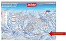 Eine detaillierte Karte des SkiWelt-Gebiets mit Pisten, Bahnen und Hütten. Sie zeigt die verschiedenen Skigebiete und Ausstiegsmöglichkeiten.