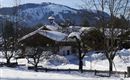 A snowy landscape with a traditional house and snow-covered trees. In the background, gentle hills can be seen.