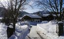 A snow-covered road leads to a traditional house in a winter landscape. The trees are covered with snow and the sky is clear and blue.
