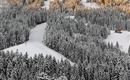 A snowy landscape with dense forests and a illuminated slope in the background. The trees are covered with snow and the scene radiates tranquility and clarity.