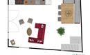 Ein Wohnraum-Layout mit einer roten Couch, einem Holztisch und mehreren Stühlen. Die Küche ist in der linken Ecke mit modernen Geräten angeordnet.