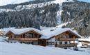 A charming mountain house in the snow with wooden cladding. In the background, snow-covered mountains and fir trees stretch out.
