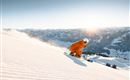 A skier in orange clothing glides down a snow-covered slope. In the background, impressive mountains stretch under a clear sky.