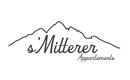 Ein stilisiertes Logo mit dem Schriftzug „s'Mitterer Appartements“ und einer Bergsilhouette. Das Design ist schlicht und elegant.