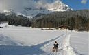 A boy is riding a sled on a snowy field. In the background, there are mountains and a wooden house.