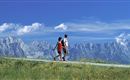 Two hikers are walking along a path through a green landscape. In the background, majestic mountains can be seen under a clear blue sky.