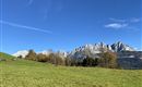 A green meadow with cows in the foreground and majestic mountains in the background. The sky is clear and blue.