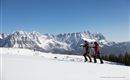 Two skiers are standing on a snow-covered area, enjoying the view of the majestic mountains. The sky is clear and blue.