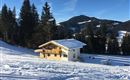 A cozy house in the snow, surrounded by pine trees and mountains. The sky is clear and blue.