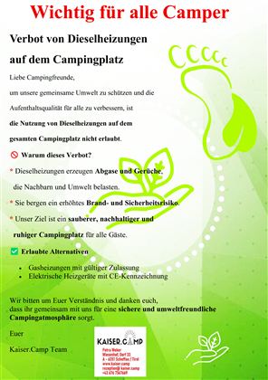 An information sign for campers about the ban on diesel heaters at the campsite. The goal is to protect the environment and ensure a clean, safe stay.