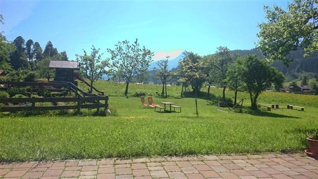 Een groene weide met bomen en een bank staat op de voorgrond. Op de achtergrond zijn bergen en een blauwe lucht te zien.