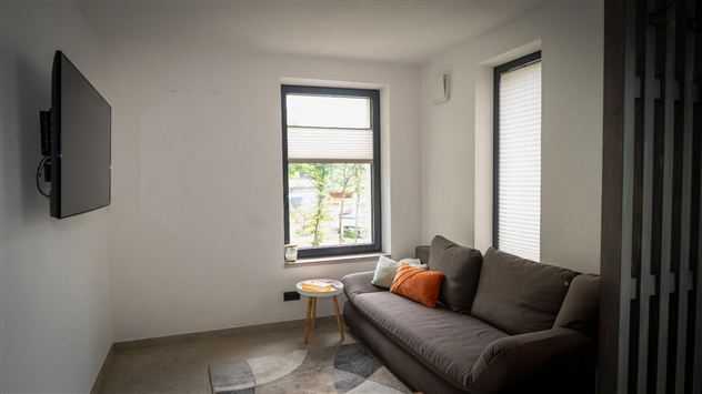 Ein gemütliches Wohnzimmer mit einem grauen Sofa und einem kleinen Tisch. Durch das Fenster scheint Tageslicht herein und es gibt eine Pflanze im Hintergrund.