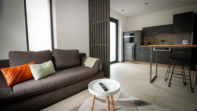 Ein modernes Wohnzimmer mit einem dunkelbraunen Sofa und bunten Kissen. Die offene Küche ist mit schwarz-grauen Möbeln und Geräten ausgestattet.