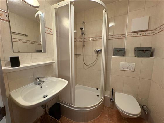 Een moderne badkamer met douche, wastafel en toilet. De wanden zijn licht betegeld en het ontwerp van de ruimte is functioneel.