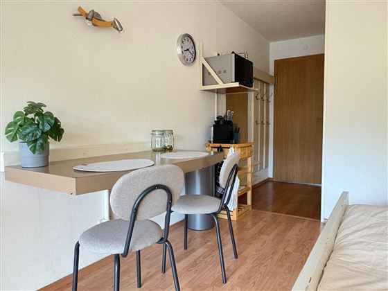 Een eenvoudige kamer met een tafel, twee stoelen en een plant. Op de achtergrond zijn een klok, een plank en een deur te zien.