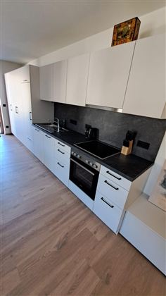 Eine moderne Küche mit weißen Schränken und einer dunklen Arbeitsplatte. Die Küche ist gut organisiert und gut beleuchtet.