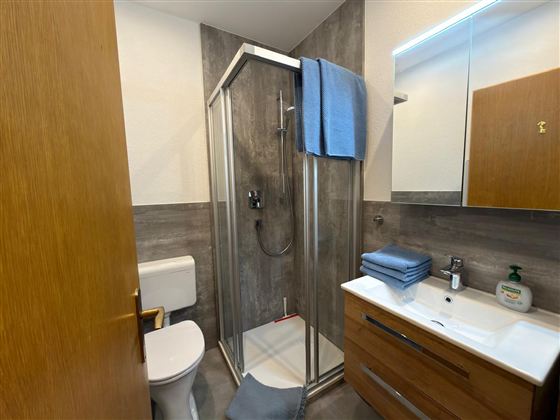 Een moderne badkamer met een douche en houten planken. De muren zijn betegeld met grijze tegels, en er zijn handdoeken en verzorgingsproducten op de wastafel.