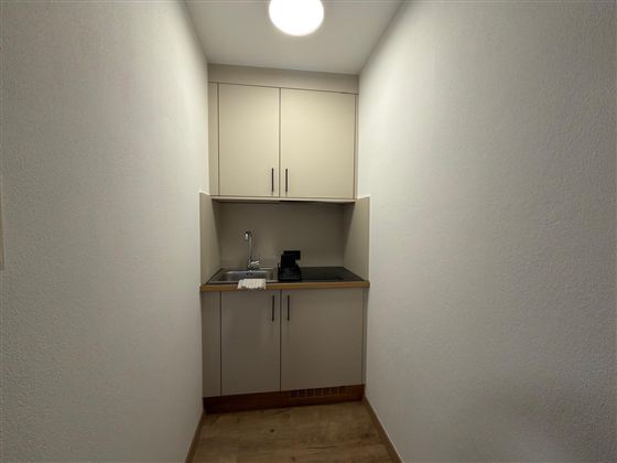 Een kleine keuken met een gootsteen en een koffiezetapparaat. De muren zijn wit en de vloer is van hout.