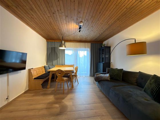 Een moderne woonkamer met houten plafond, een gezellige stoffen bank en een eetgedeelte. Grote vensters laten veel daglicht binnen.