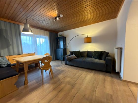 Een gezellige woonkamer met een houten tafel, een bank en grote ramen. De inrichting is eenvoudig en modern, met warm hout en zachte kleuren.