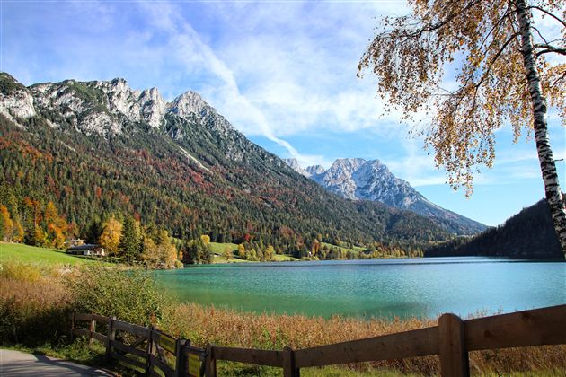 A tranquil landscape with a clear blue lake and majestic mountains in the background. The shore vegetation shines in vivid autumn colors.