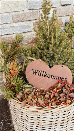 Ein geflochtener Korb mit immergrünen Pflanzen und buntem Laub. Ein herzförmiges Schild mit der Aufschrift „Willkommen“ !