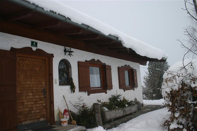 A traditional house in the snow, surrounded by a winter landscape. The layer of snow gently rests on the roof and the plants.