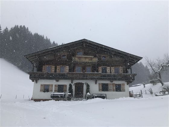 Ein traditionelles Chalet im Schnee, umgeben von einer winterlichen Landschaft. Die Flocken fallen sanft und verleihen der Szene eine ruhige Atmosphäre.