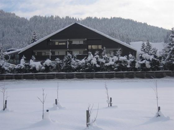 A modern, black building lies in front of a snowy landscape. Surrounded by snow-covered trees and a peaceful winter atmosphere.