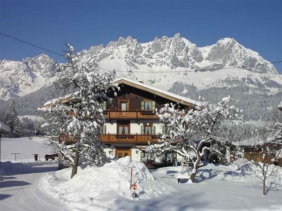 A charming wooden house in the snow, surrounded by snow-covered trees. In the background, majestic mountains rise under a clear sky.