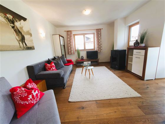 A cozy living room with a gray couch, red pillows, and a rug on a wooden floor. A picture of a dog hangs on the wall, and there are windows that provide natural light.