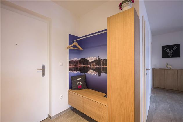 A modern entrance area with a wooden cabinet and a beautiful wall painting of mountains and a lake. The room feels bright and inviting.