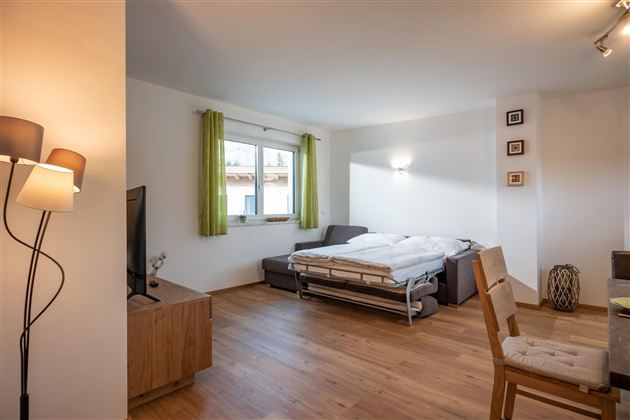 A modern living room with a sofa bed and a large window. The room is bright and friendly with wooden flooring and minimalist decor.