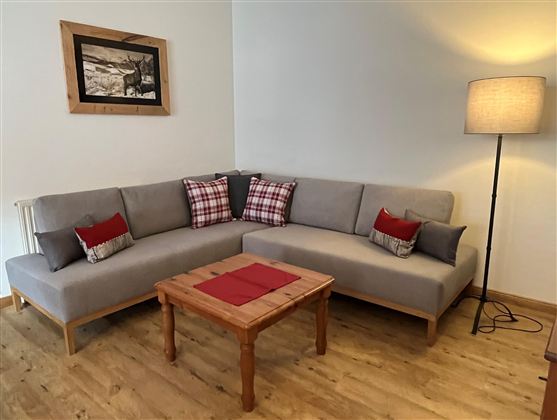 A cozy living room with a gray sofa and colorful cushions. A wooden coffee table stands in the middle, and beside the sofa is a floor lamp.