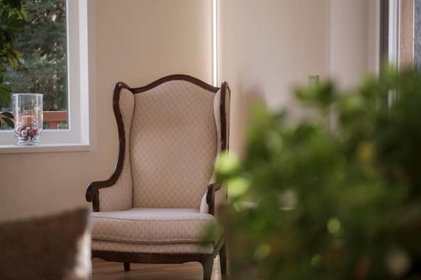 A comfortable armchair is placed in a bright room. In the background, a window with plants can be seen.