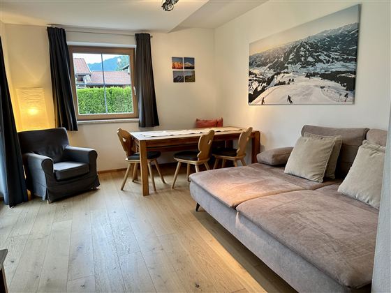 Wohnzimmer mit Couch und Essbereich