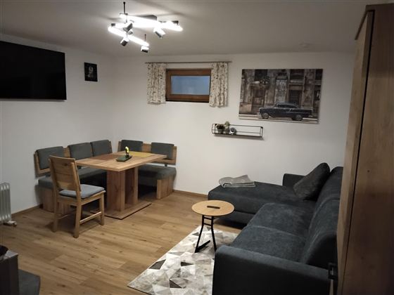 Wohnzimmer mit Küche, Schlafsofa usw.