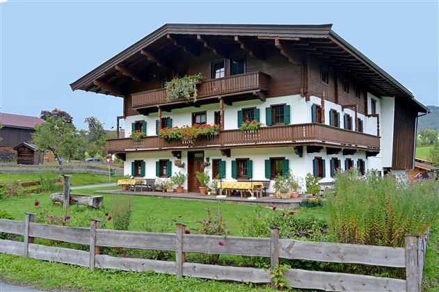 Ein traditionelles Chalet im alpenländischen Stil mit Balkonen und Blumenkästen. Darum herum befindet sich eine grüne Wiese und ein Holzzaun.