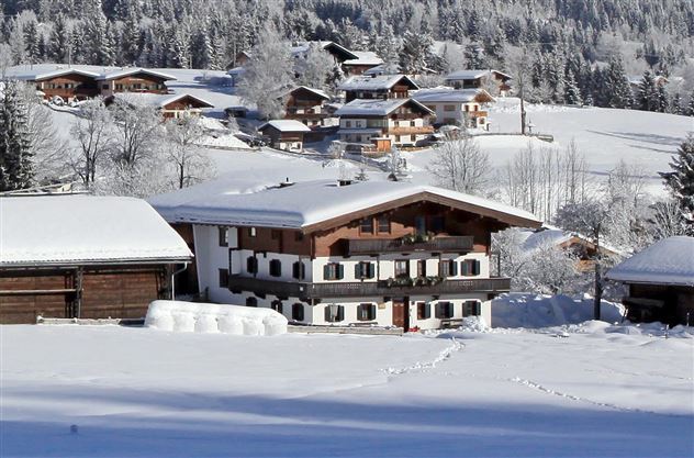 A snowy landscape with cozy wooden houses and snow-covered fields. In the background, more mountains and trees can be seen.